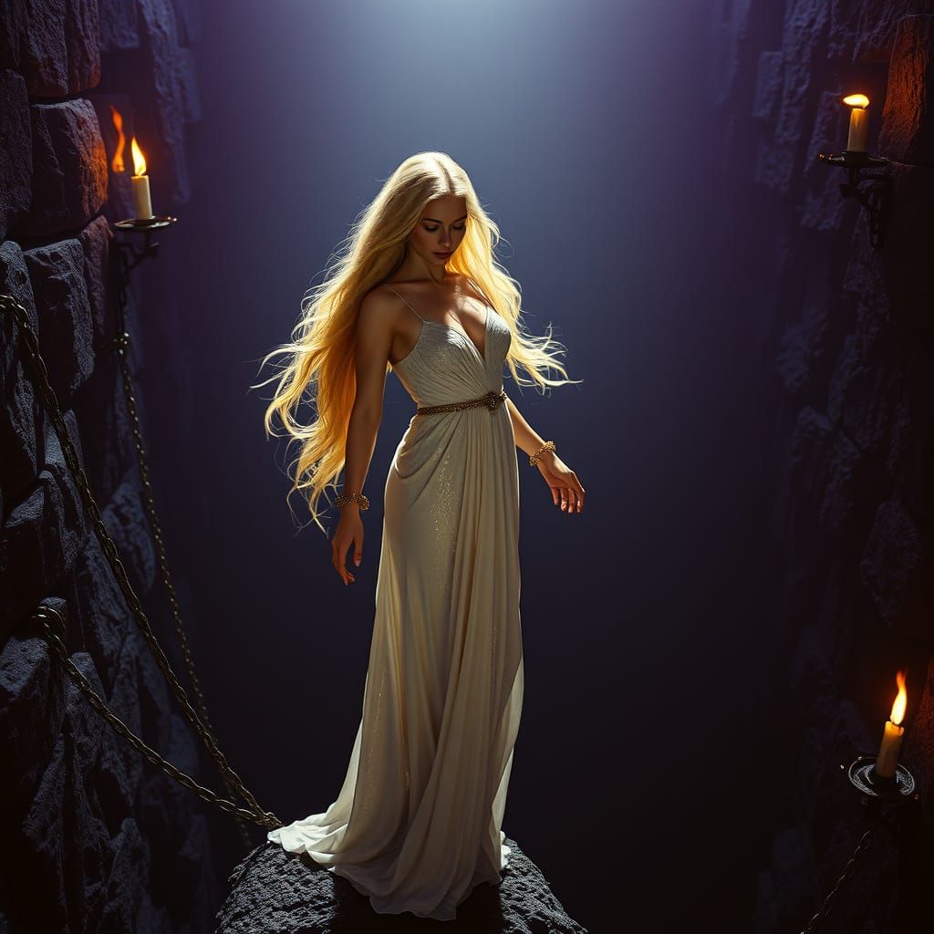 Woman at Abyss, Dark Fantasy Art Nouveau Style