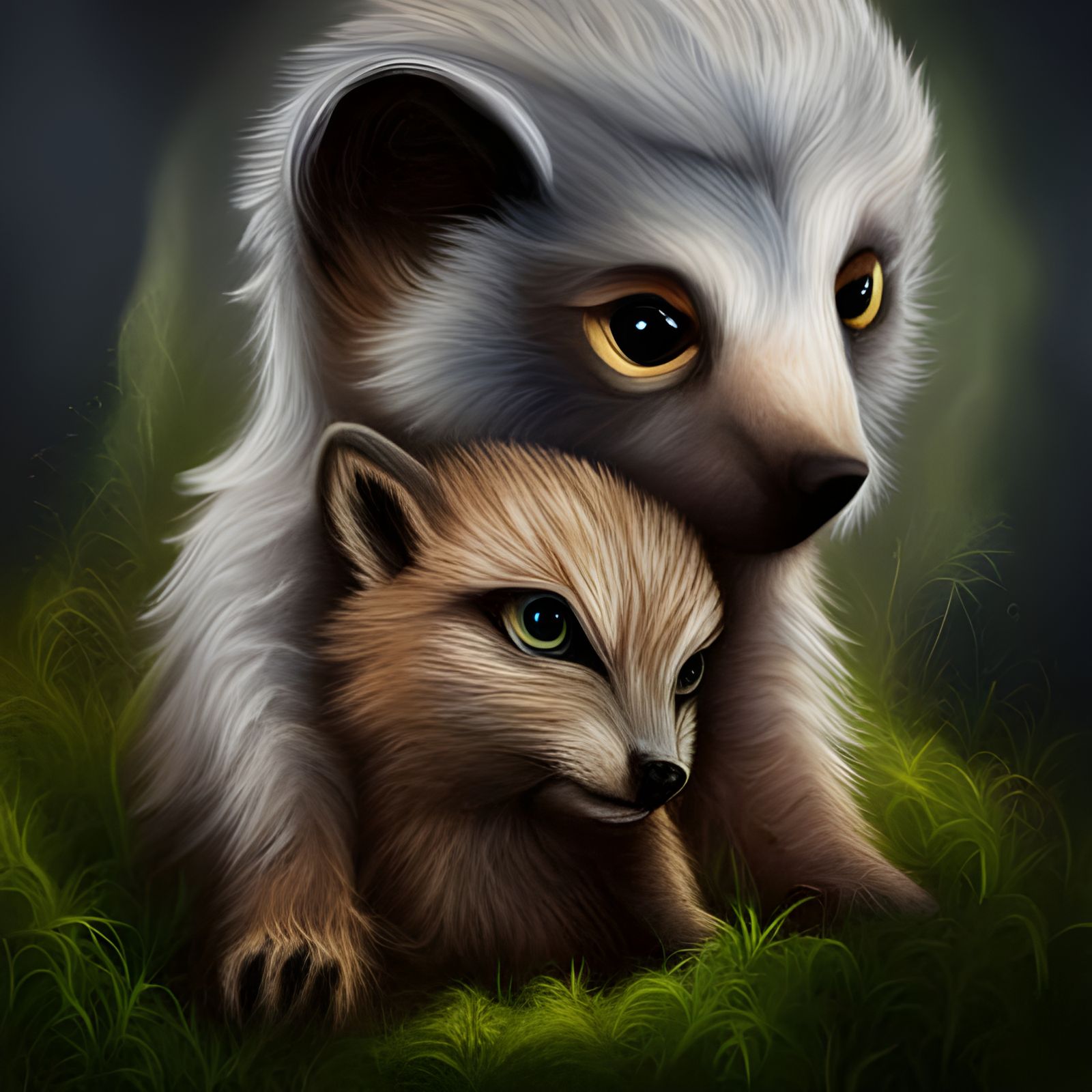 Hyperrealistic Hybrid Wolf-Bear-Owl Cub