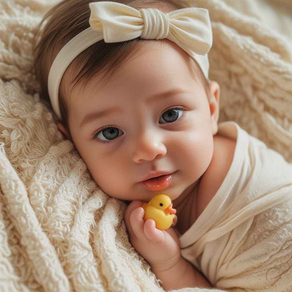 Vibrant Watercolor Portrait of Newborn Holding Tiny Rubber D...