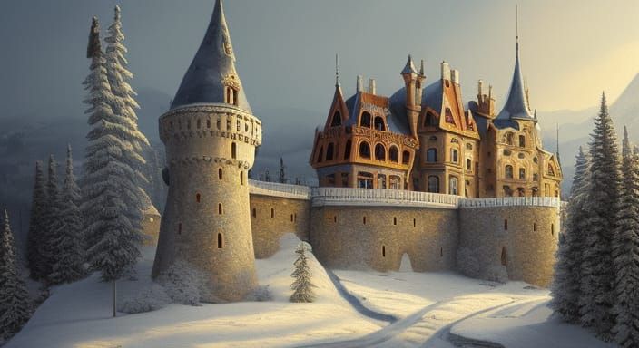 Winter Castle in Romania: Hyperdetailed Octane Painting