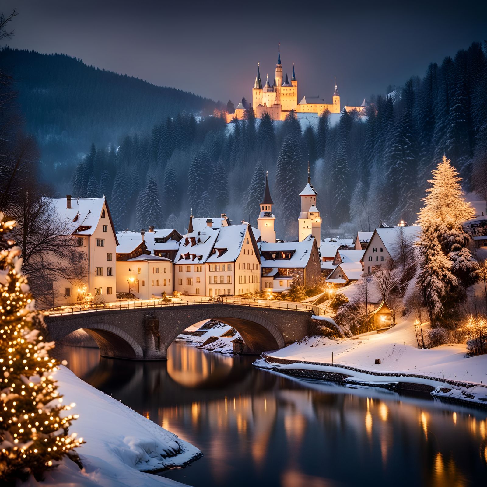 Snowy German Village with Castle and Christmas Lights
