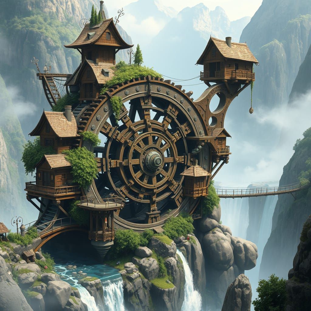 Majestic Fantasy Waterwheel Hub of Airborne Village