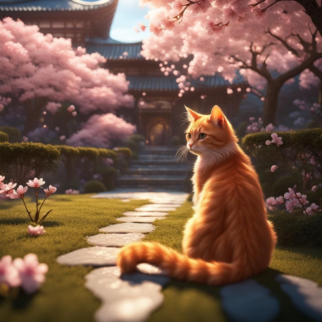 Orange Cat in Cherry Blossom Garden at Sunrise