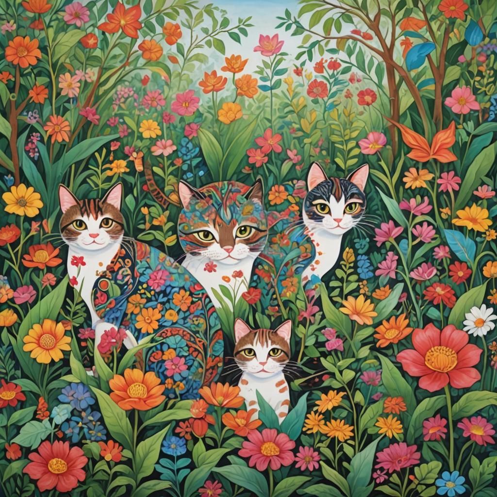 Cats in an Overgrown Garden in Folk Art Style