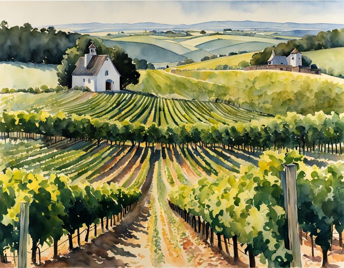 Watercolor Vineyard Scene in a Wyeth-Inspired Aesthetic