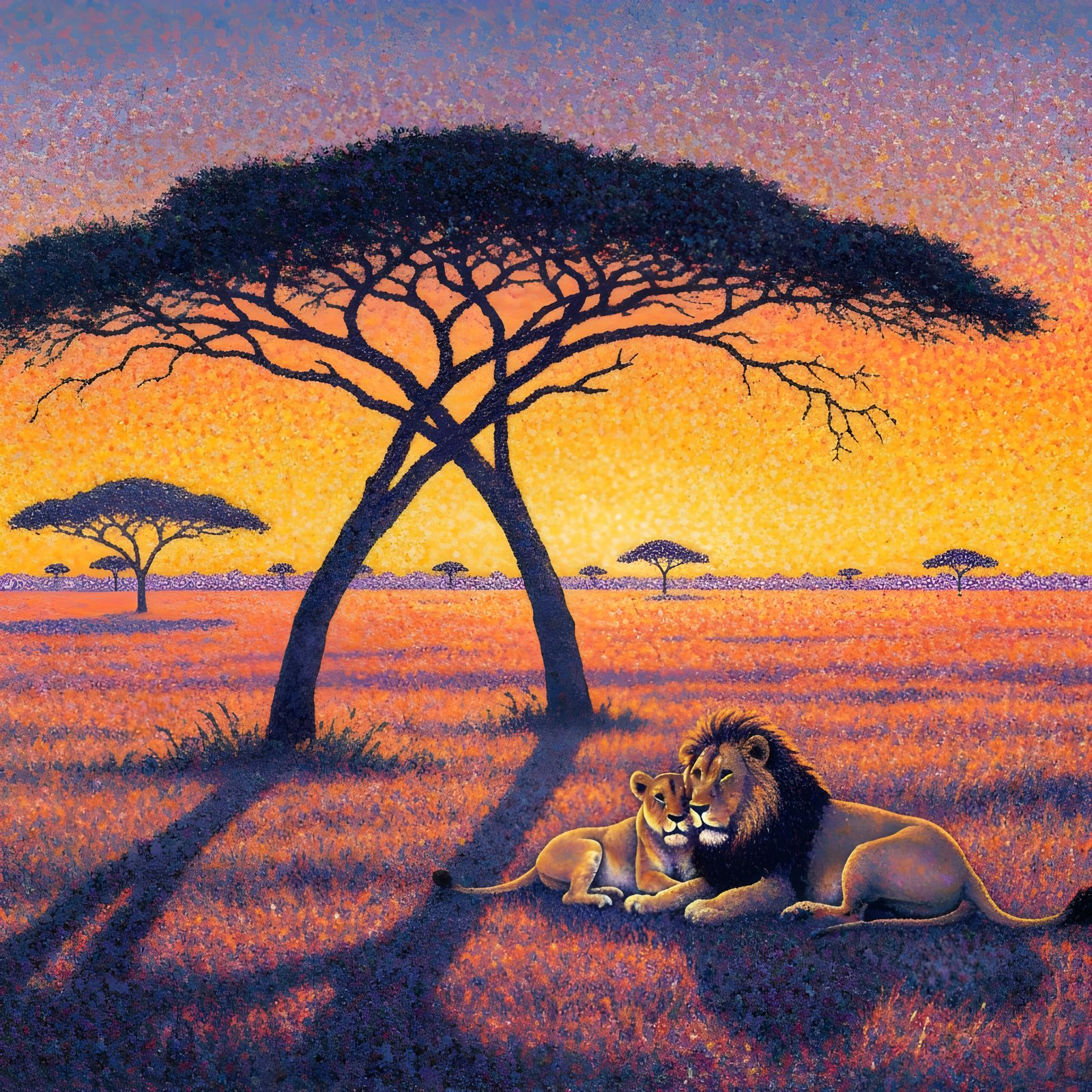 African Savanna Sunset: Pointillist Lion Landscape