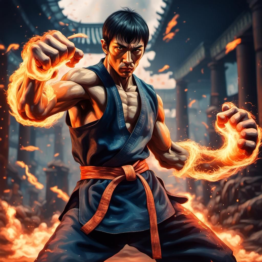 Fiery Martial Artist in Maximalist Cinematic Style
