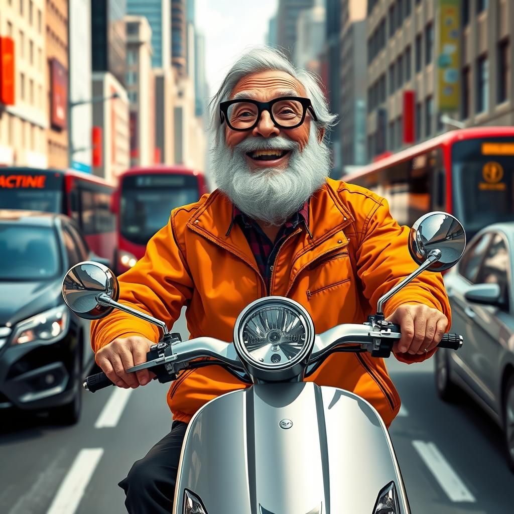 Joyful Old Man on Scooter in Futuristic City