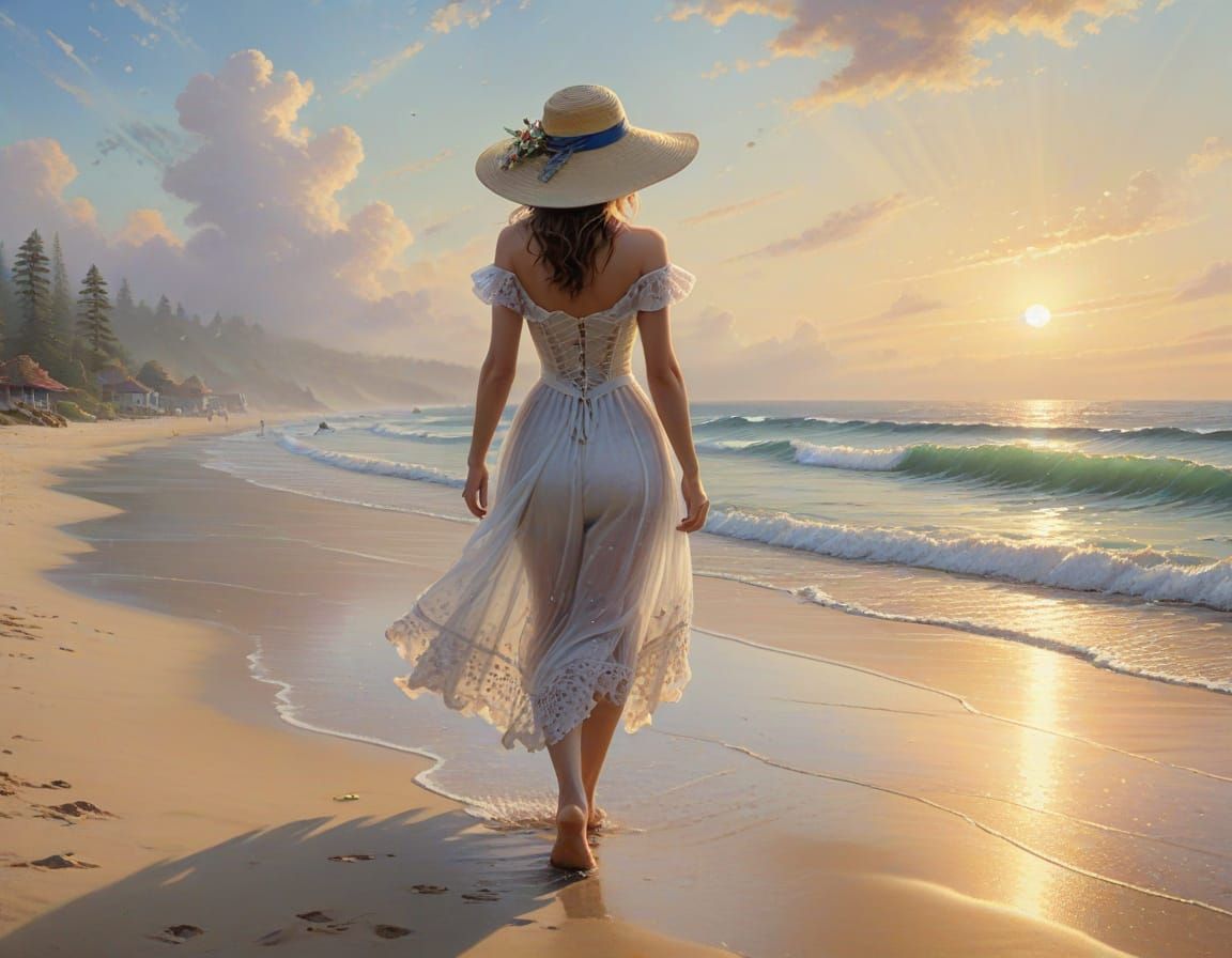 Woman Walks on Beach in Ethereal Fantasy Style