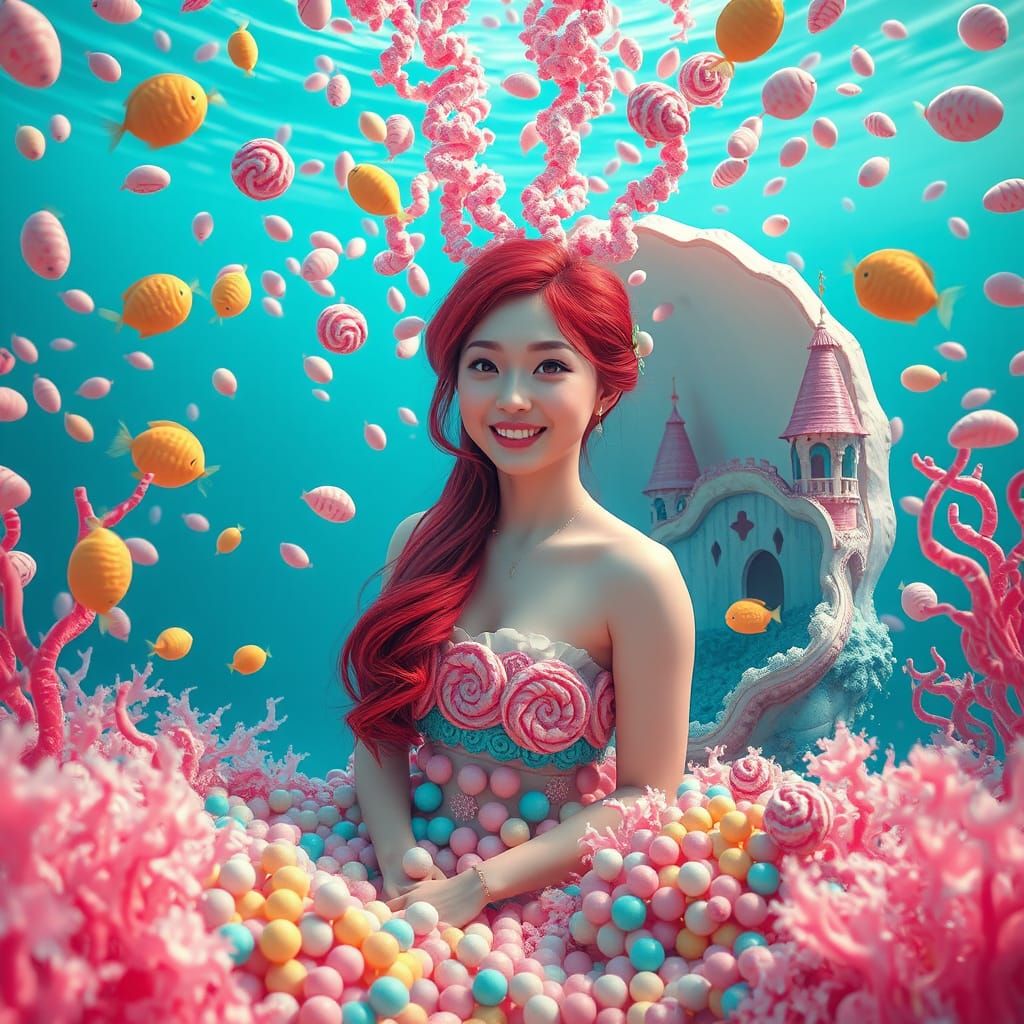 Surreal Little Mermaid Cosplay in Pastel Candy Dreamscape