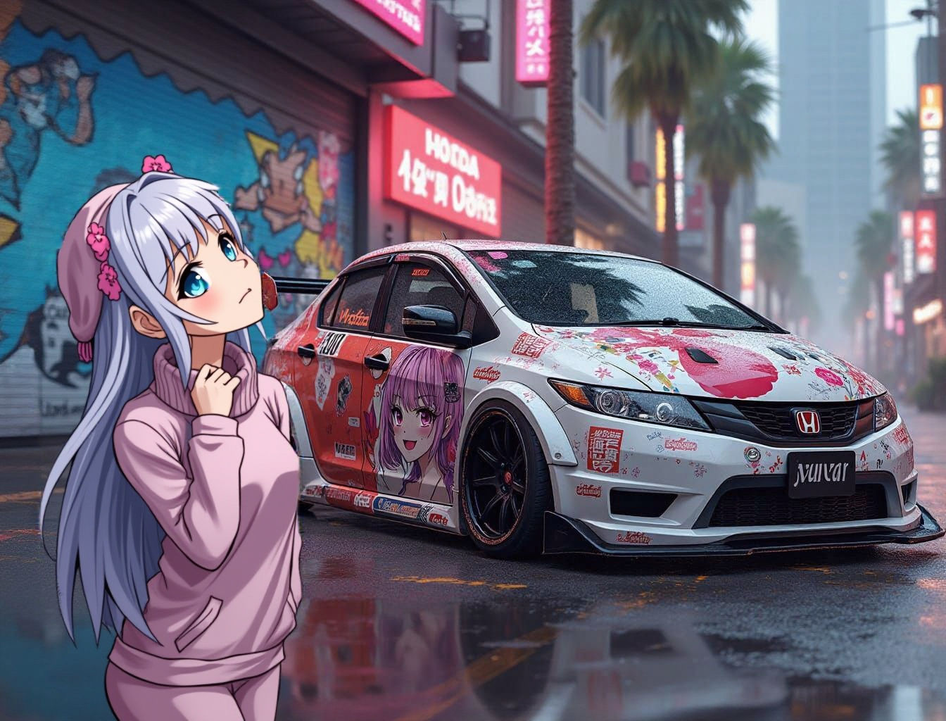 Modified Honda City with Anime Stickers in Urban Scene