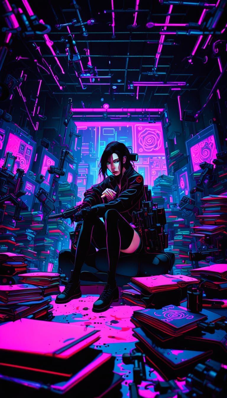 Anime Tattoo Artist in Neon-Lit Cyberpunk Studio