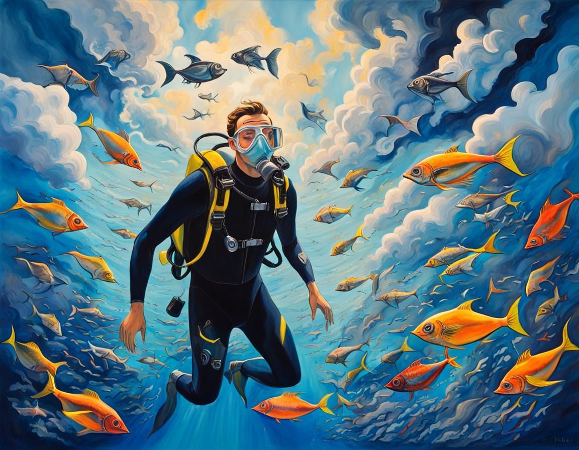 Scuba Diver's Surreal Flight in Dreamlike Sky