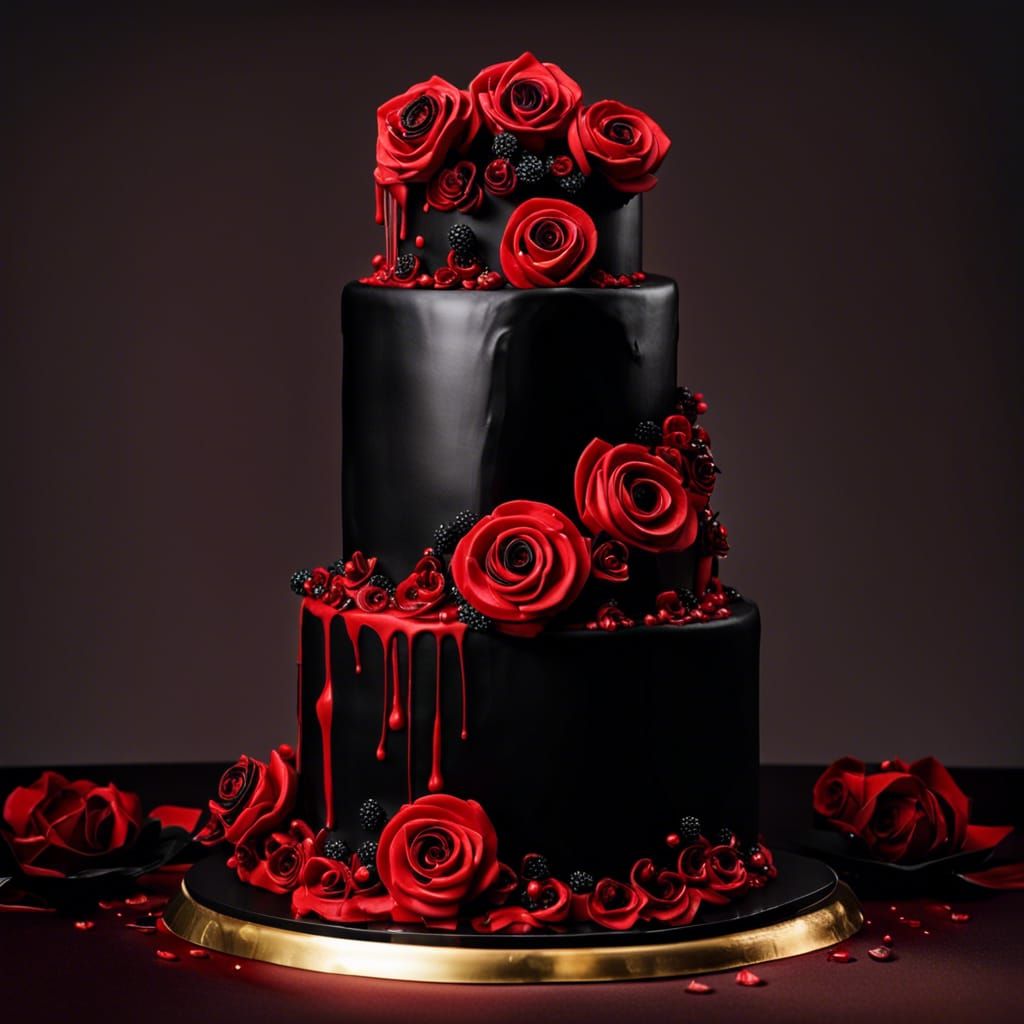 Elaborate Wedding Cake with Red Ganache and Roses