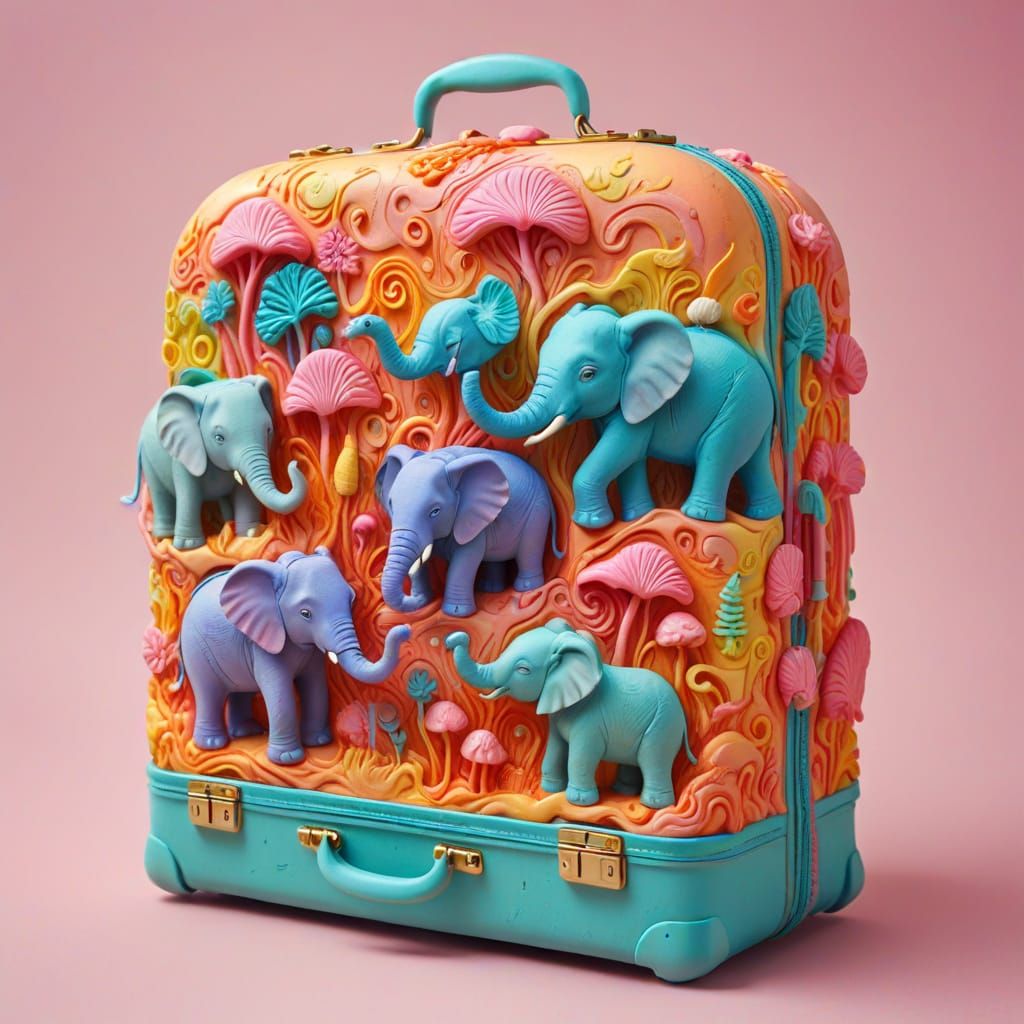 Whimsical 3D Sculpture: Suitcase with Elephants