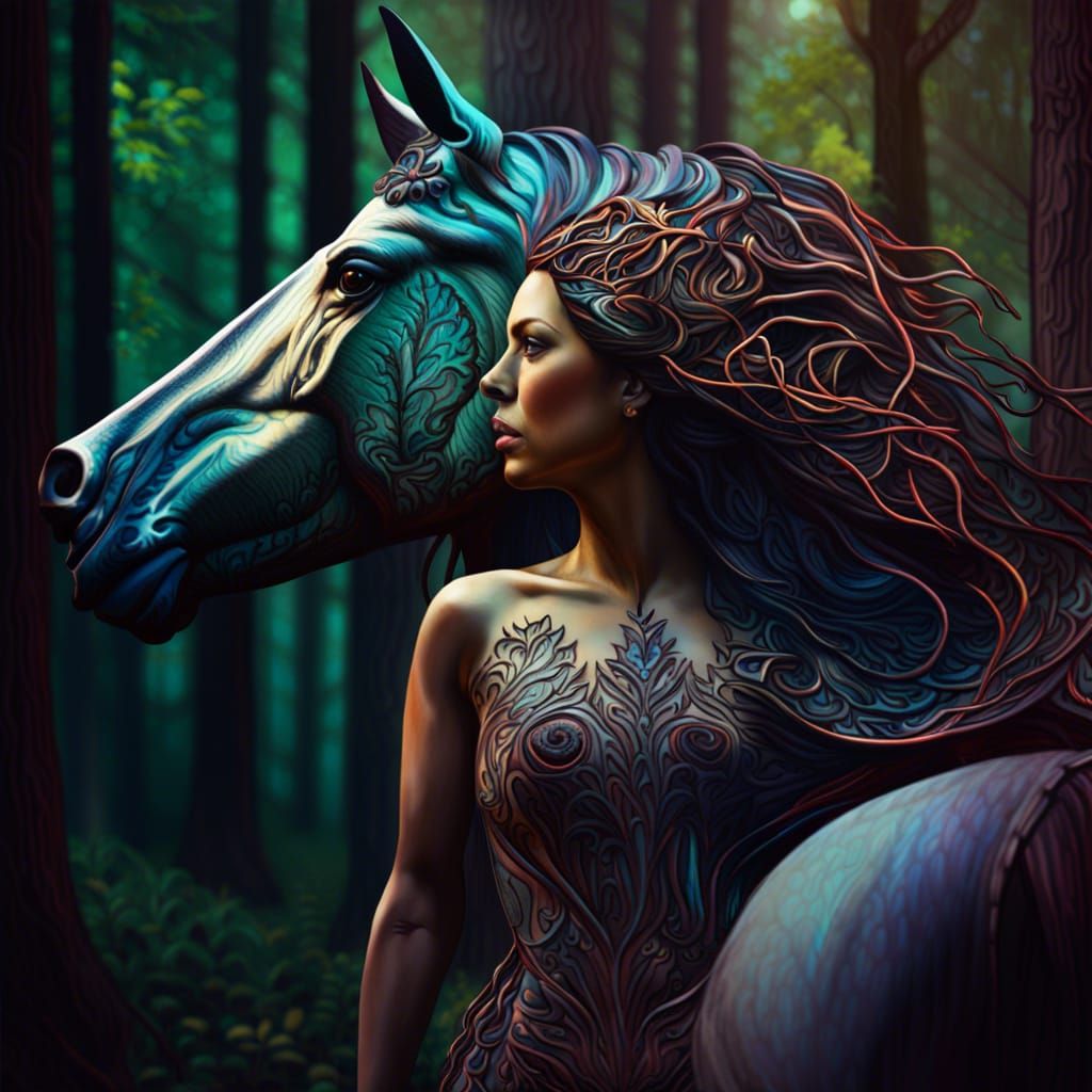 Ethereal Goddess with Majestic Horses Head in Vibrant Forest