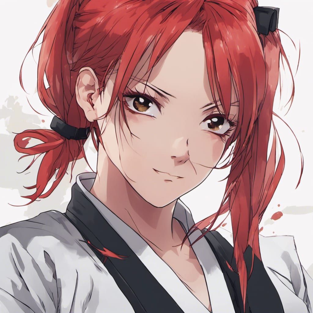 Red Haired Girl in Karate Uniform, Anime Style