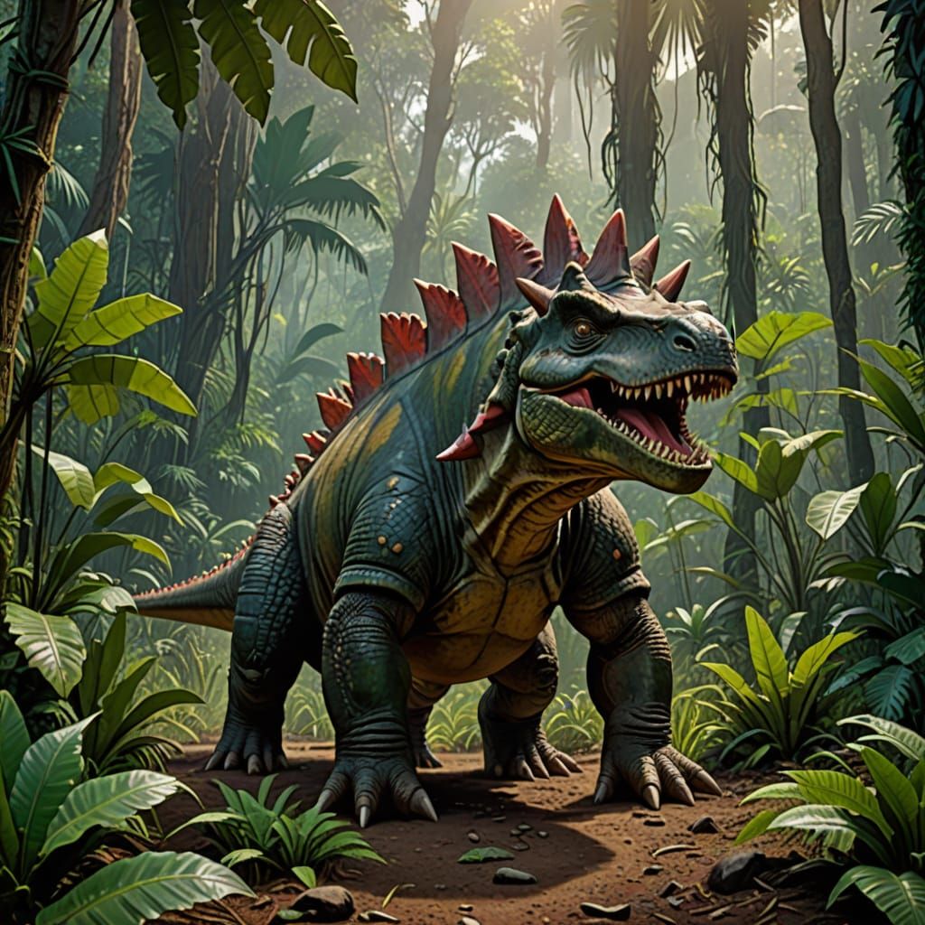 Stegosaurus Roams in Jurassic Jungle
