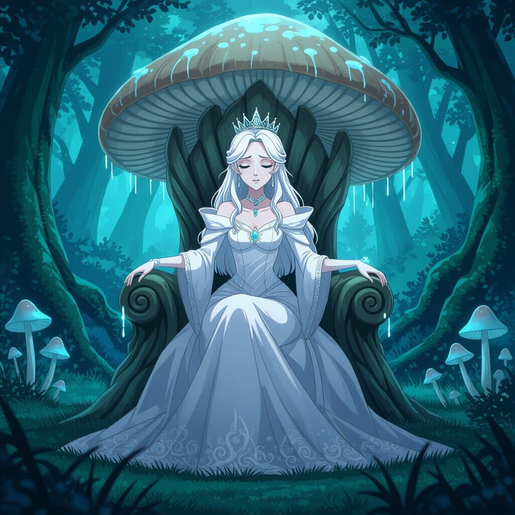 Sad Anime Queen on Mushroom Throne in Enchanted Forest