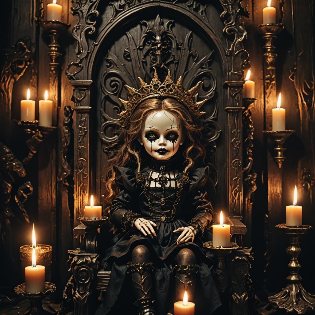 Demonic Doll on Throne in Gothic Chamber