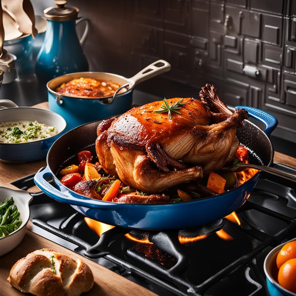 Roast in Le Creuset Dutch Oven, Hyperrealistic Photo