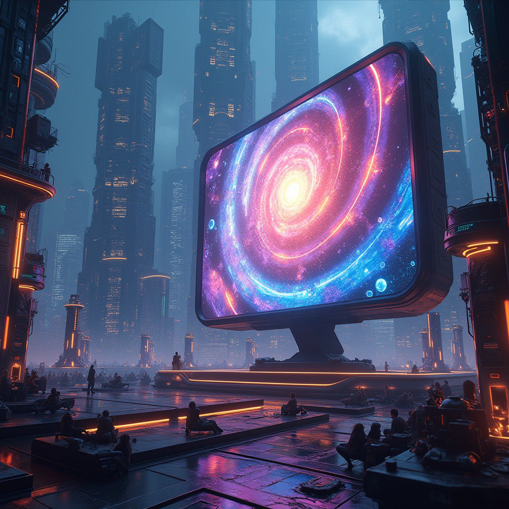 Futuristic TV Platform Ad in Neon Metropolis