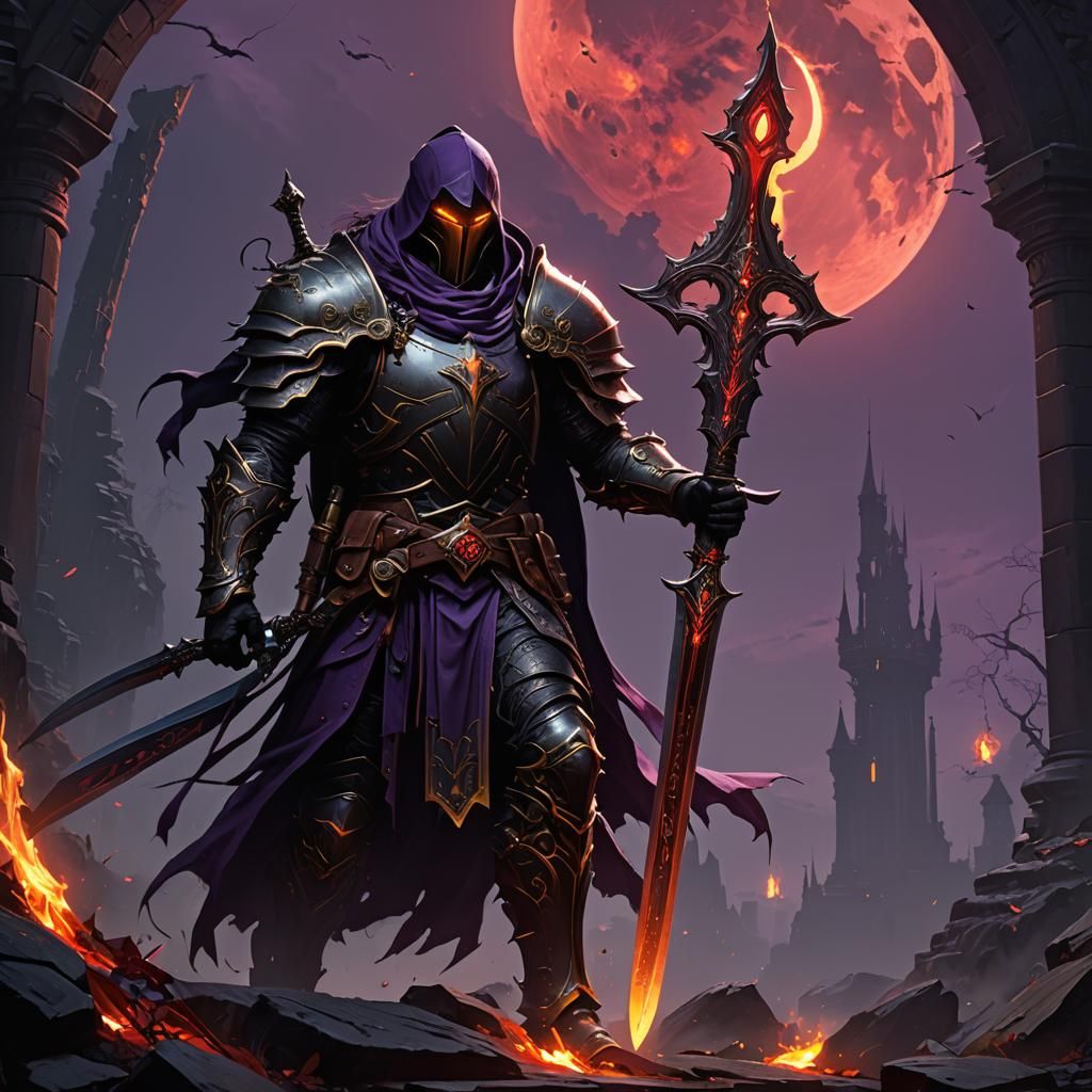 Shadow Knight with Great Sword Under Blood Moon