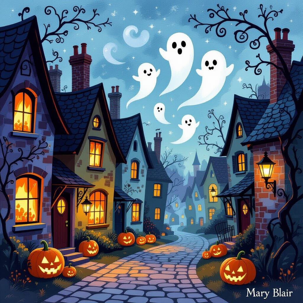 Whimsical Haunted Street Scene at Dusk in Mary Blair Style