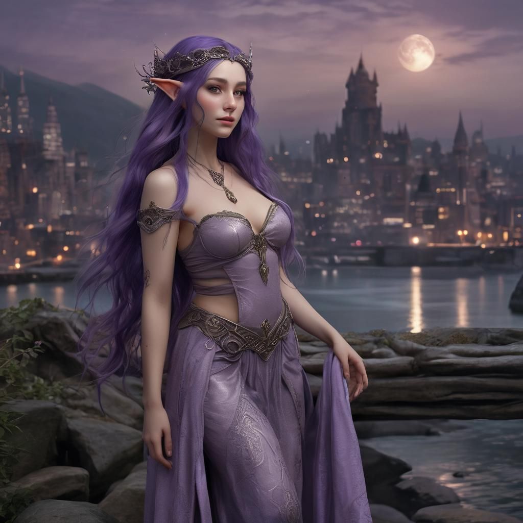 Elf Queen Basking in Moonlight Near Enchanted City