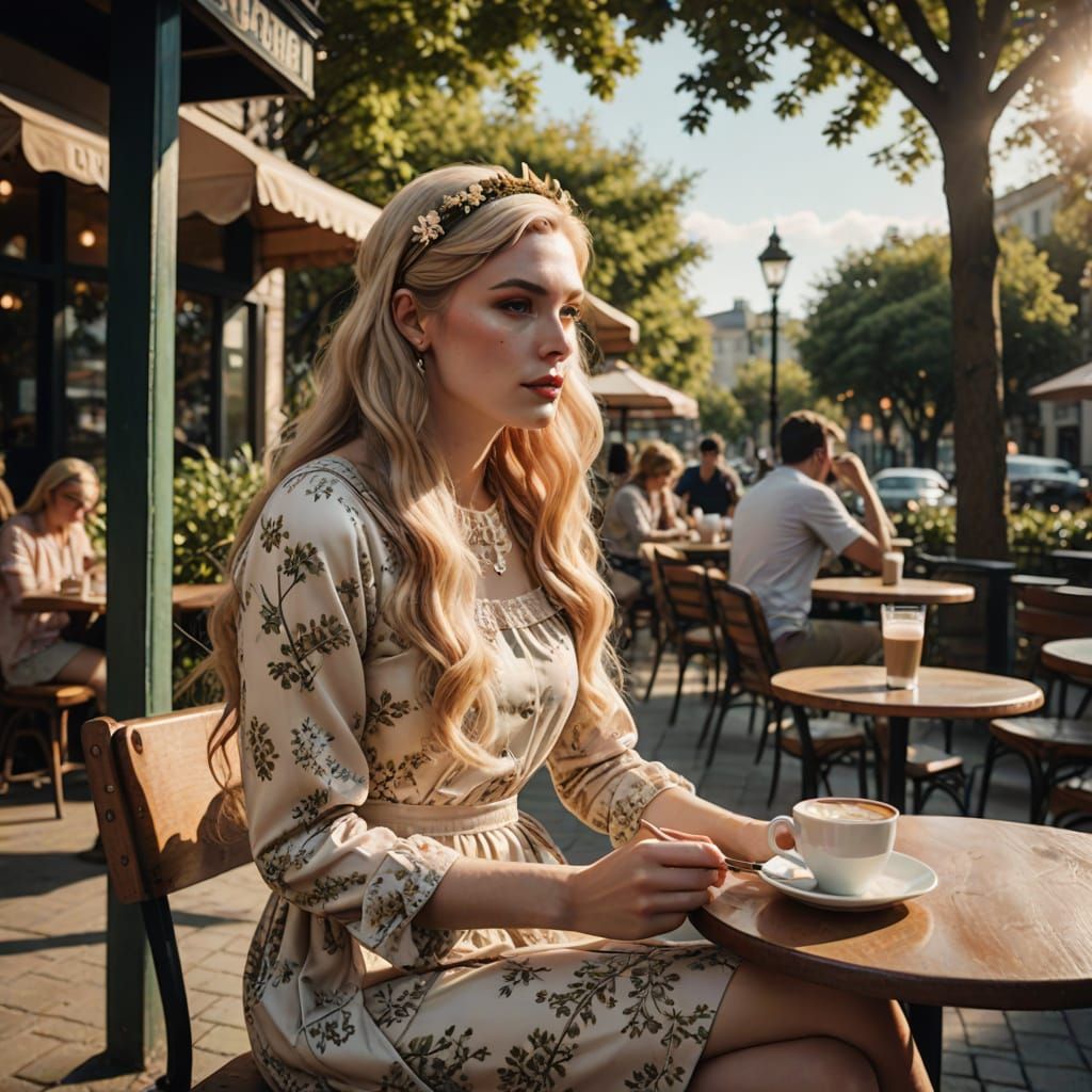 Crossdressing Man Enjoys Latte at Outdoor Cafe