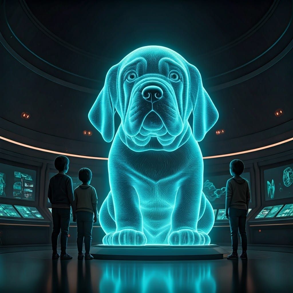 Majestic Holographic Dog in Futuristic Museum