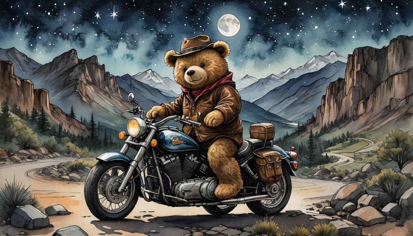 Teddy Bear Cowboy on Motorcycle in Moonlit Mountains