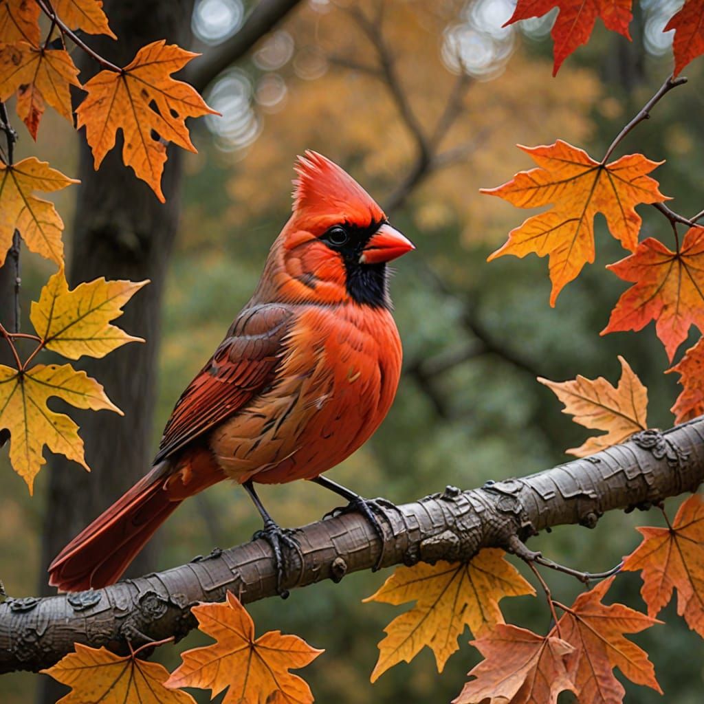 A red cardinal bird, up in a tree, on a tree branch, during ...