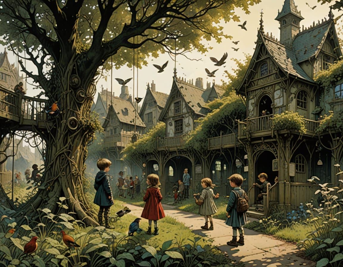 Children Feeding Birds at Overgrown Playground