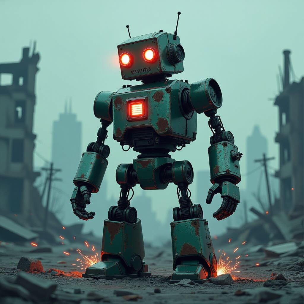Retro Robot Guarding Post-Apocalyptic Cityscape
