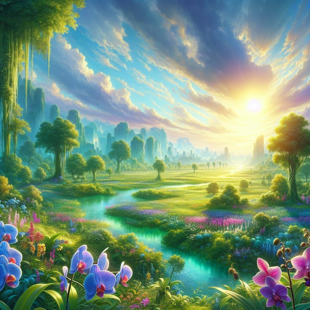 Shimmering Meadows: A Hyperrealistic Heavenly Realm