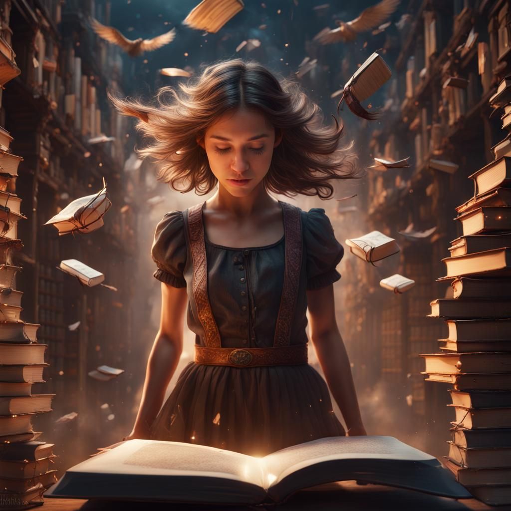 Girl Surrounded by Flying Books: Fantasy Concept Art