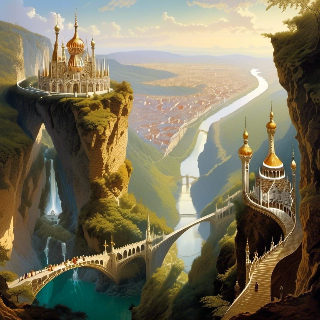 Elven City in Shell: Kinetic Pointillism Surrealism