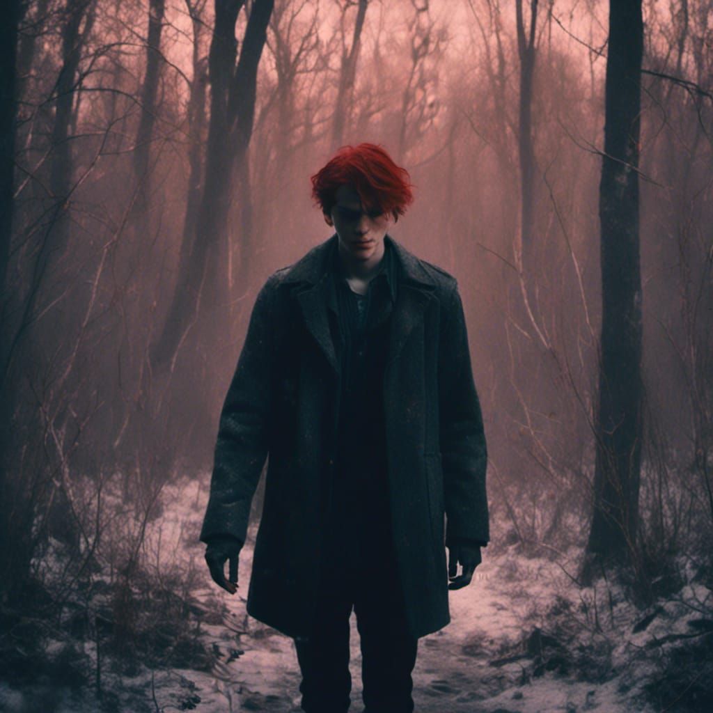 Red-Haired Teenager in Forest Under Moonlight