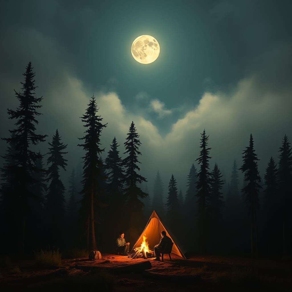 Moonlit Camping Scene in the Forest with Warm Firelight