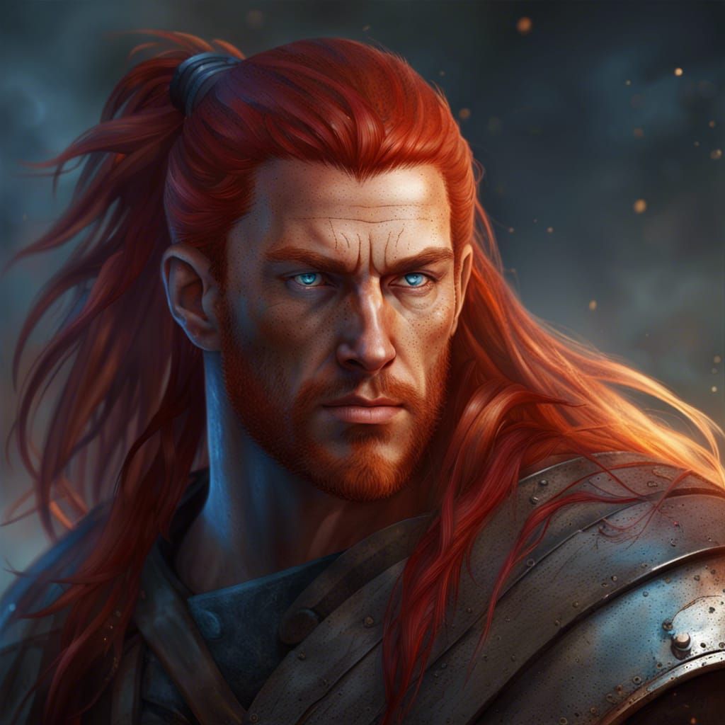 Stern Red-Haired Warrior Portrait in Splash Art Style