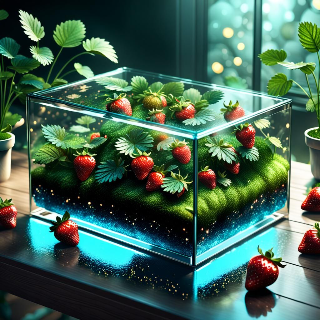 Glittery Strawberries Growing in Glass Terrarium