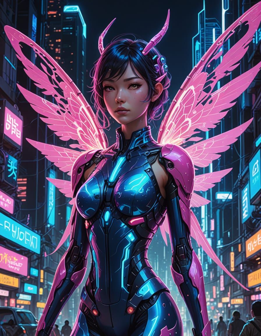 Neon Winged Cyber Faerie in Futuristic City