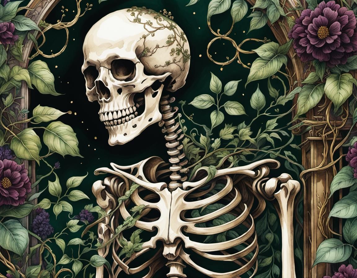 Vines Entwined Skeleton in Forgotten Library, Watercolour Il...