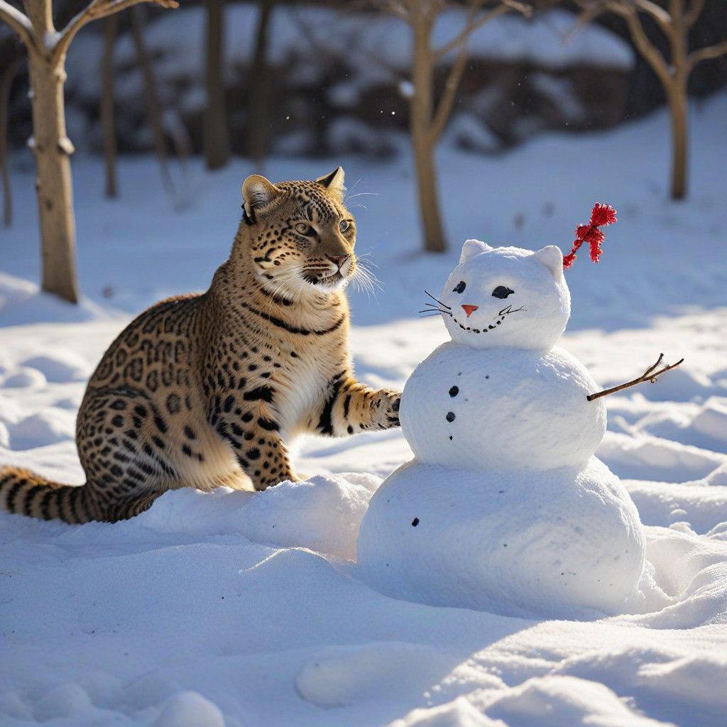 Whimsical Leopard Snow Cat Builds Feline Snowman