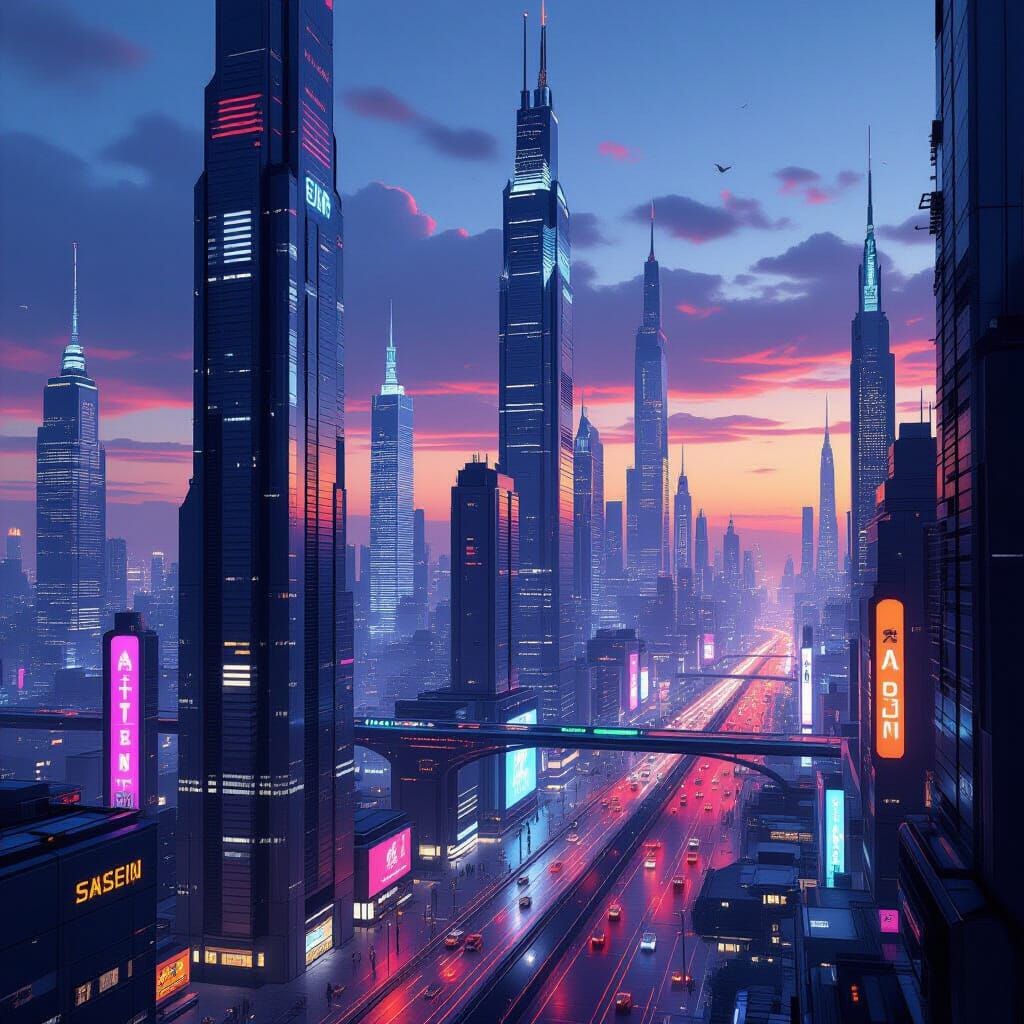 Futuristic Metropolis at Dusk in Cyberpunk Style