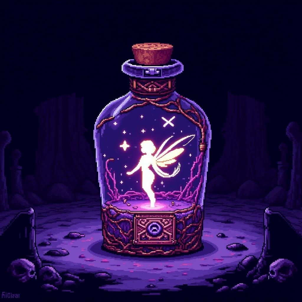 Isometric Pixel Art: Fairy in Enchanted Bottle