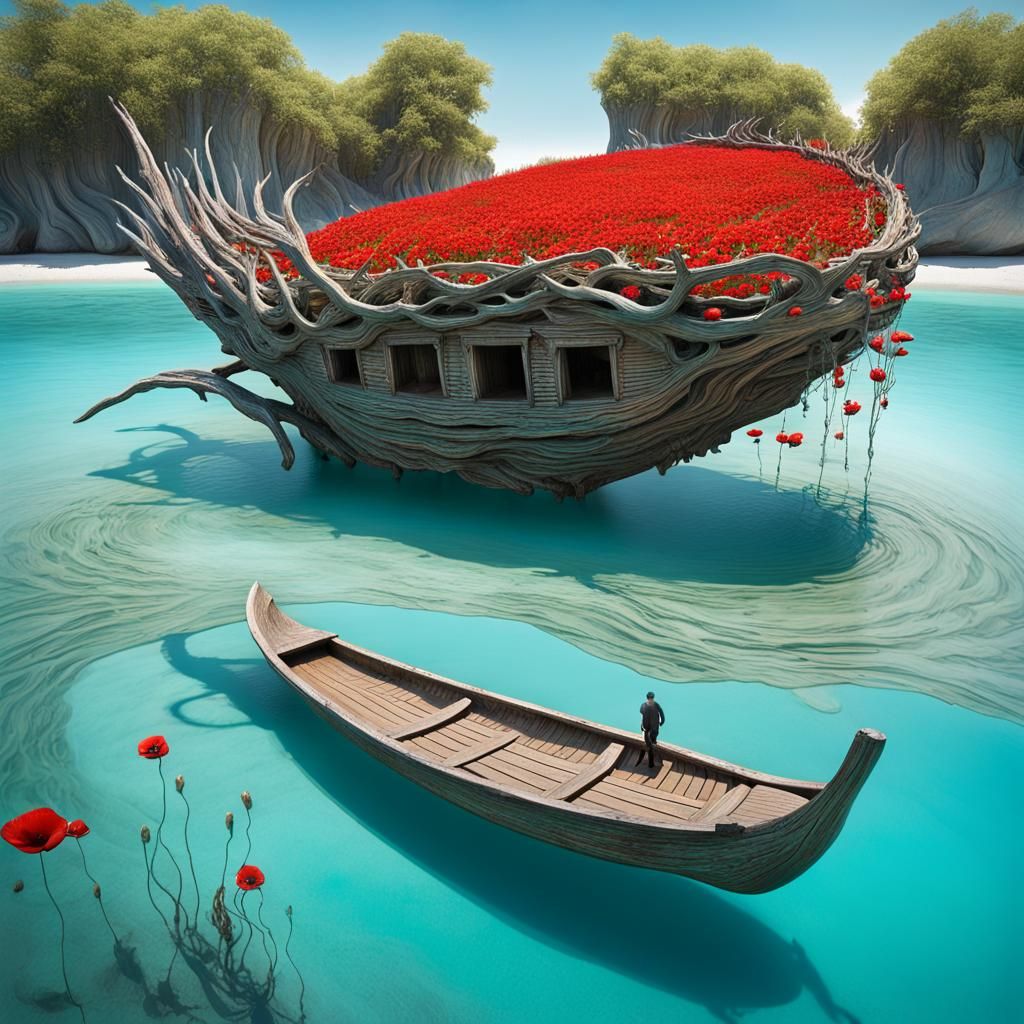 Driftwood Sculpture Above Turquoise Water in Surreal Style