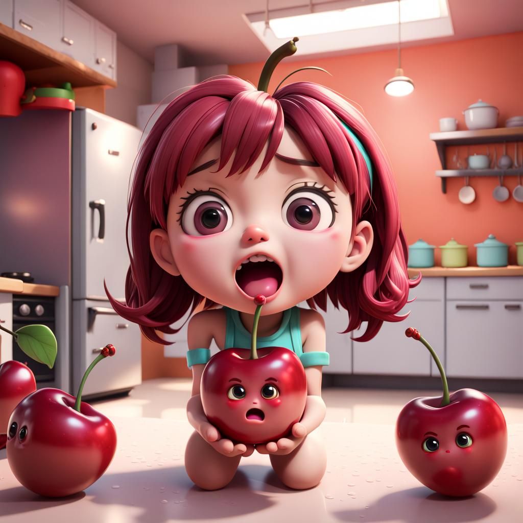 chibi cherry fruit in a kitchen, surprised expression, small...