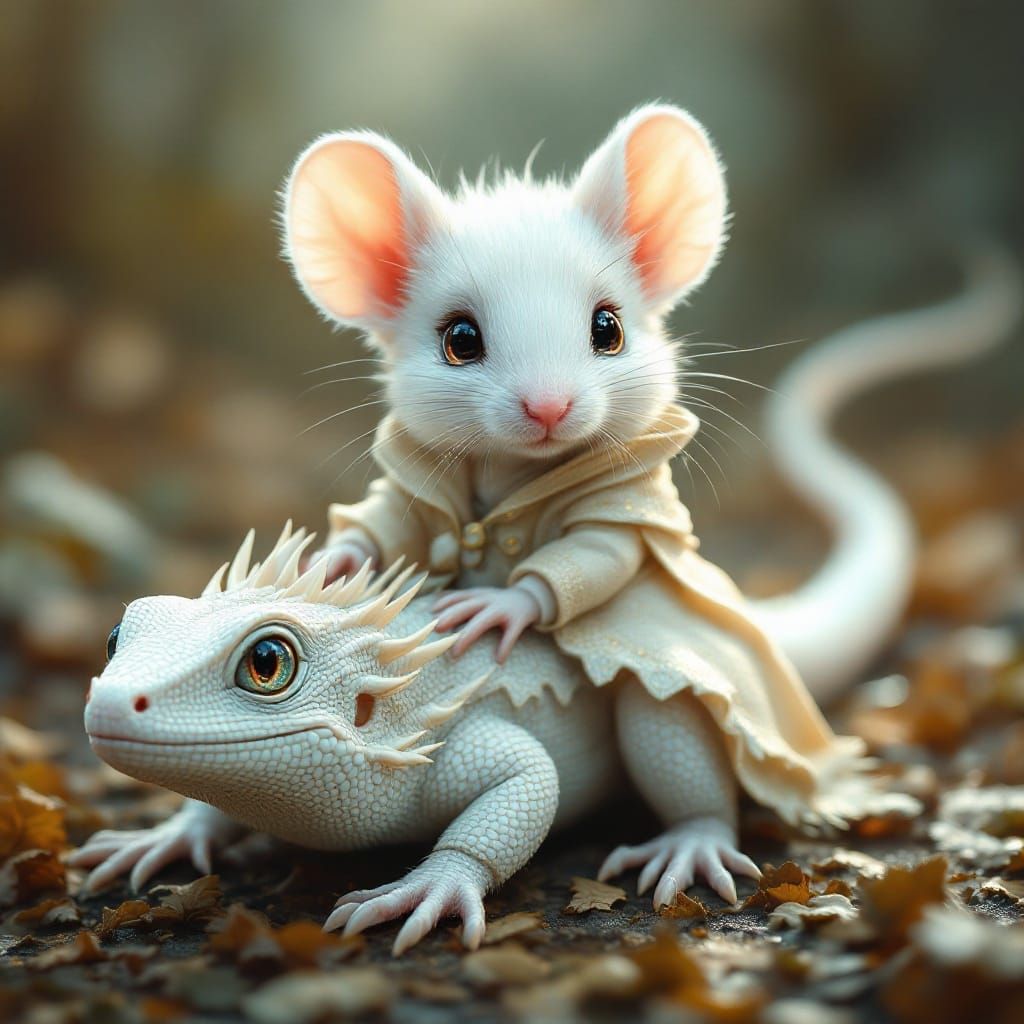 An adorable mouse riding on a white lizard. Fantasy imagination. A cute adorable fuzzy chibi white mouse, in a royal cre...